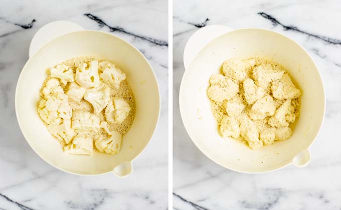 Cauliflower florets are coated in the breadcrumb mix. 