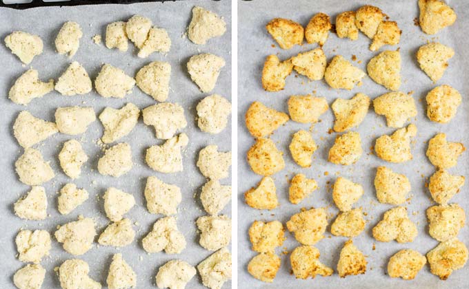 Side by side view of the Cauliflower Bites on a baking sheet, before and after baking.