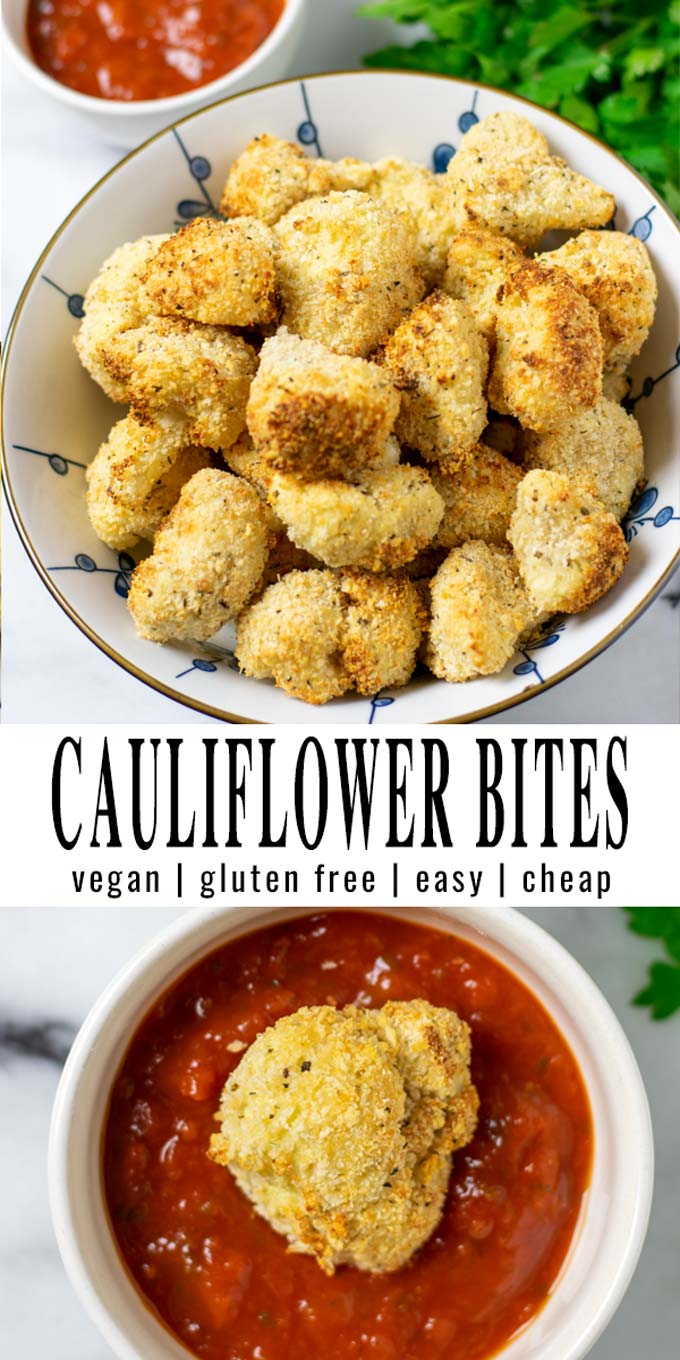 Collage of two pictures of the Cauliflower Bites with recipe title text.