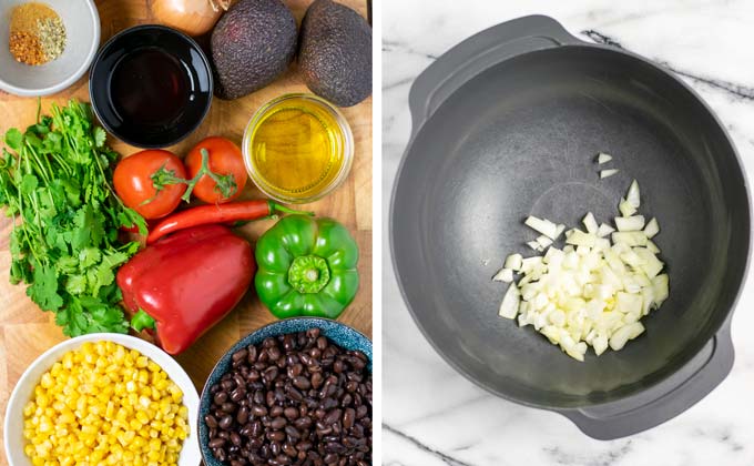 Ingredients for the Cowboy Caviar are assembled on a wooden board.