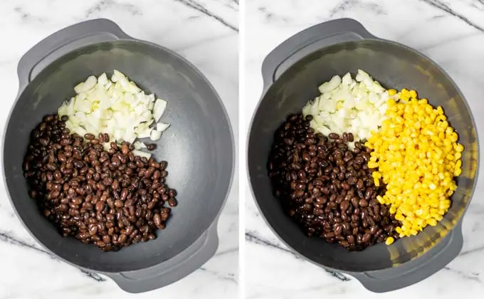 Black beans and corn are given to a large bowl with diced onions.