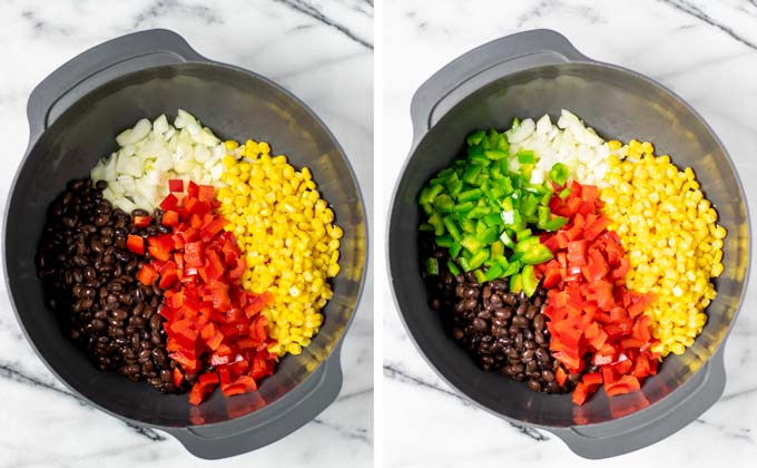 Showing the addition of red and green bell pepper to the bowl.