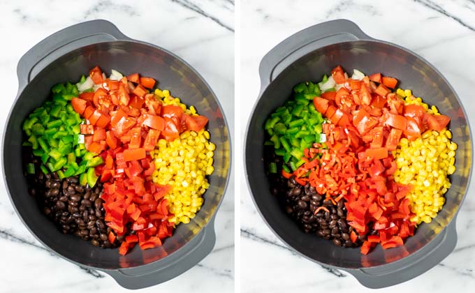 Diced tomatoes and chili slices are given to the large bowl.