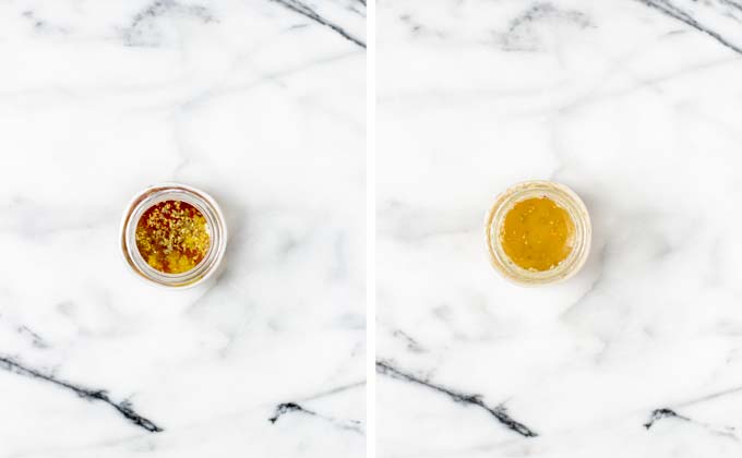 Side by side view of making the dressing in a small glass jar.