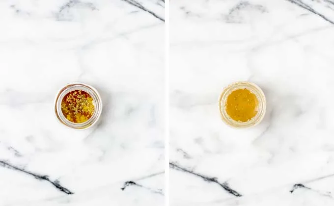 Side by side view of making the dressing in a small glass jar.