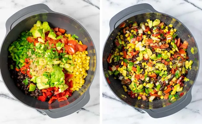 The dressing is mixed with the fresh vegetables in the bowl.