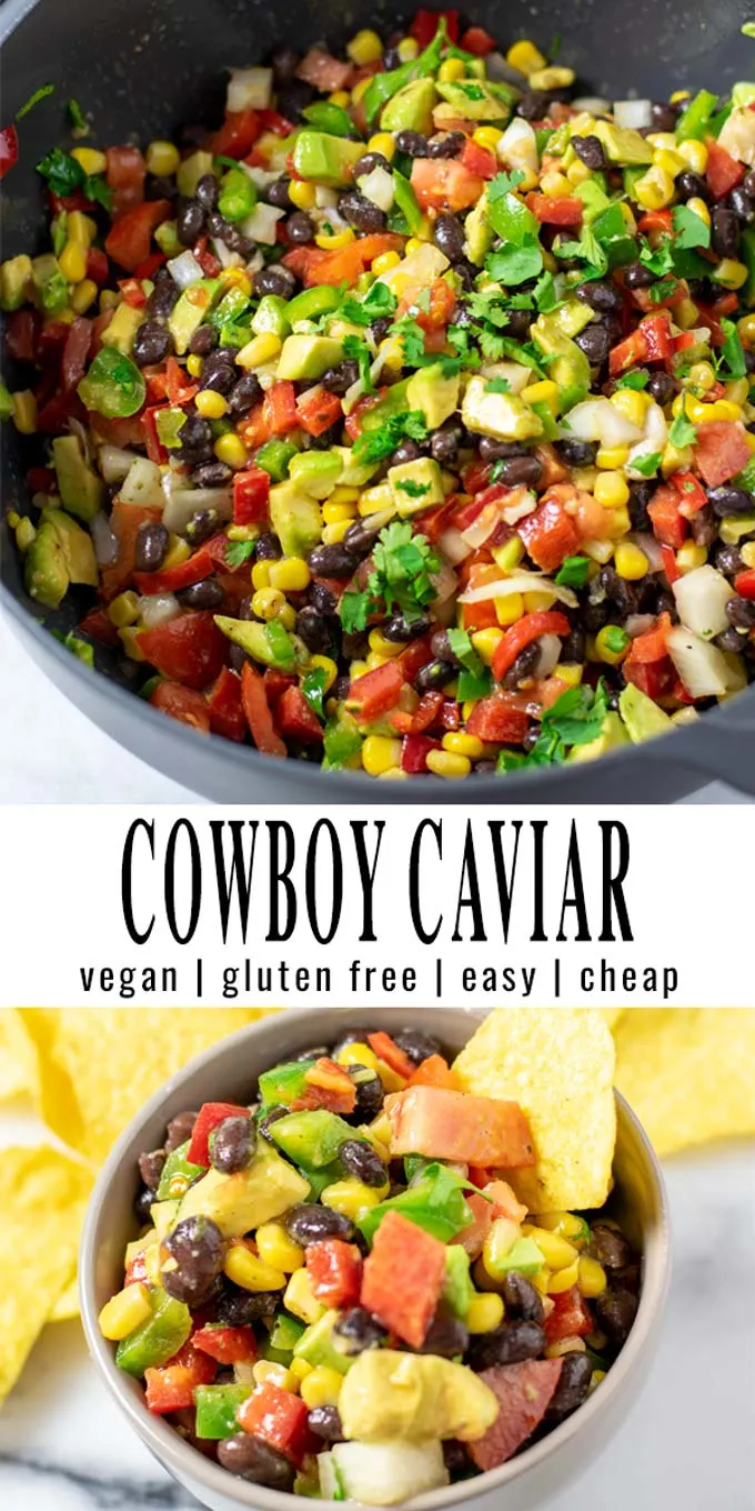 Collage of two pictures of the Cowboy Caviar with recipe title text.