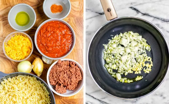 Ingredients for the Hamburger Casserole are assembled in small bowls on a wooden board.