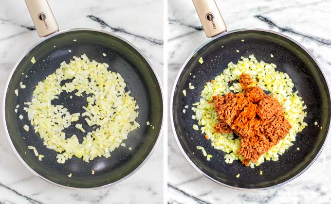 Diced onions and vegan ground beef is fried in a small frying pan.