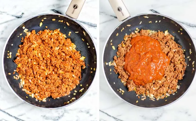 Shows how tomato sauce is added to the frying pan with vegan ground beef and onions.