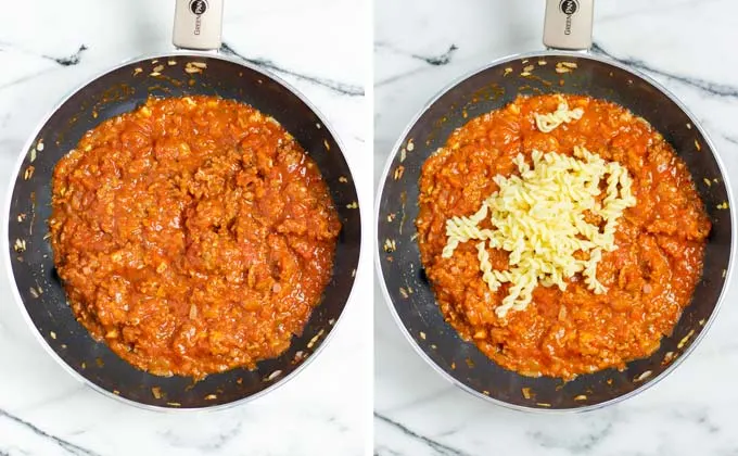 Precooked pasta is mixed with the tomato sauce.