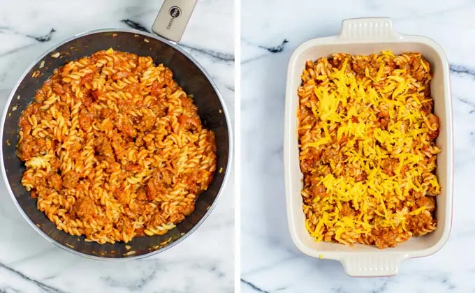 Hamburger Casserole is transferred to a casserole dish and covered with vegan cheese.