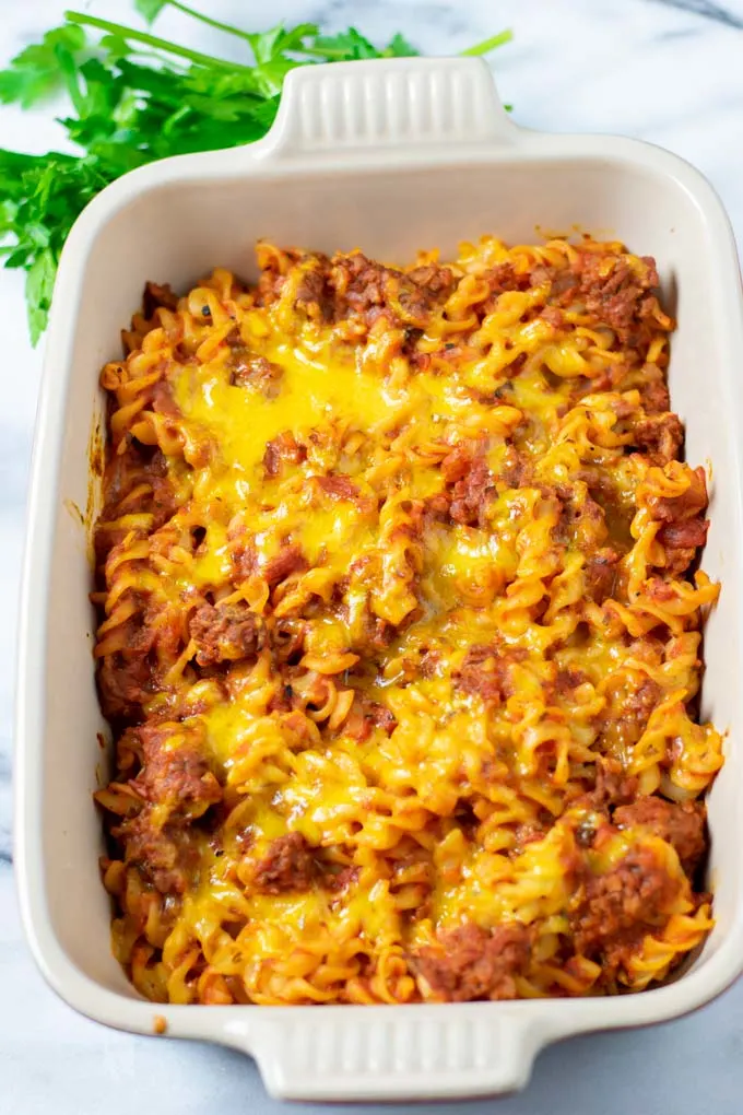 Top view of the Hamburger Casserole after baking.