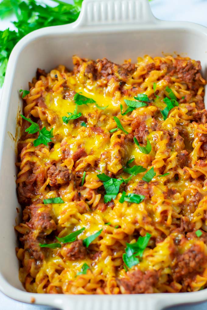 Fresh herbs are given over the Hamburger Casserole before serving. 