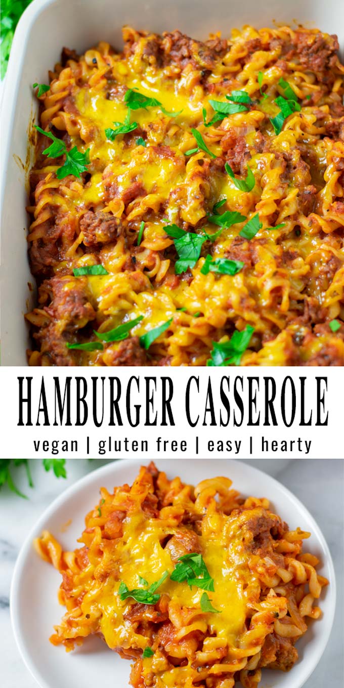 Collage of two pictures of the Hamburger Casserole with recipe title text.