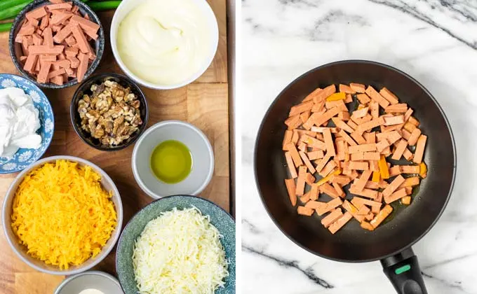 Ingredients for the Million Dollar Dip assembled on a wooden board.