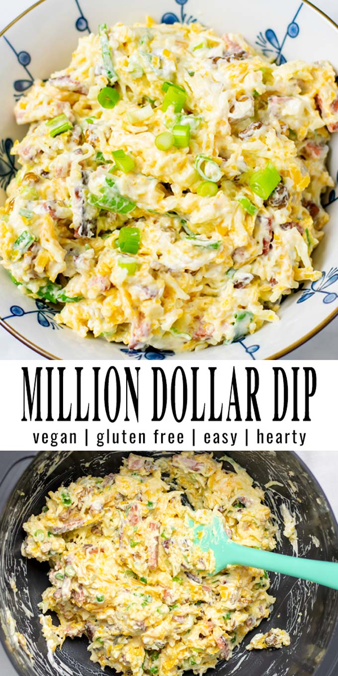 Collage of two pictures of the Million Dollar Dip with recipe title text.