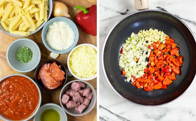 Ingredients for the Pizza Casserole are assembled in small bowls on a wooden board.