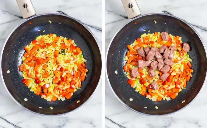 Showing side by side how vegetables are fried in a frying pan.
