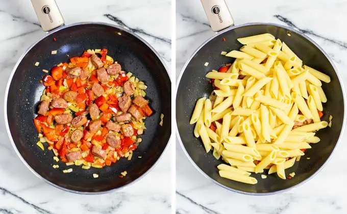 After frying the vegan sausages, pre-cooked pasta is added to the pan.