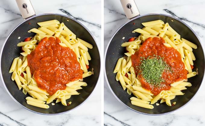 Showing how tomato sauce and Italian herbs are mixed with the pasta, vegetables, and vegan sausage. 