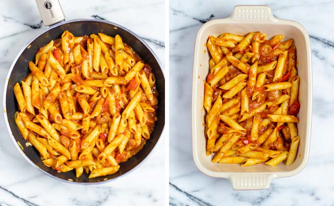 Pasta and sauce mix is given to a casserole dish.