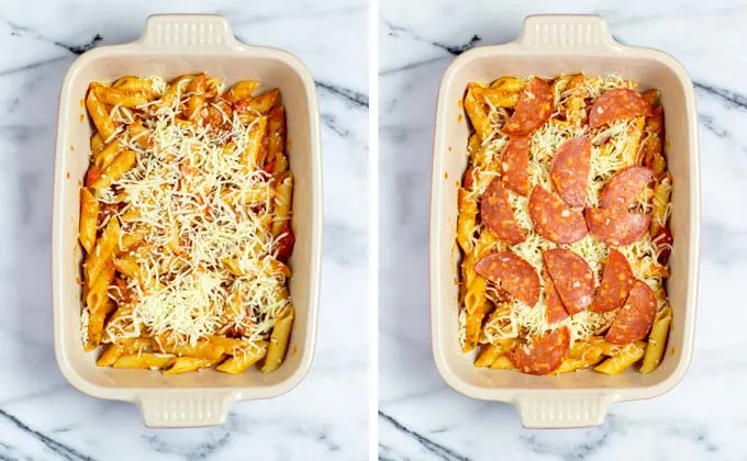 Showing the layering of the vegan Pizza Casserole with cheeses and pepperoni slices.