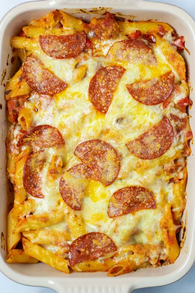 Top view of the vegan Pizza Casserole after baking.