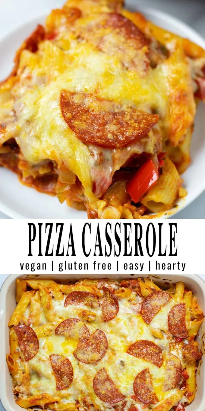 Two pictures of the Pizza Casserole with recipe title text.