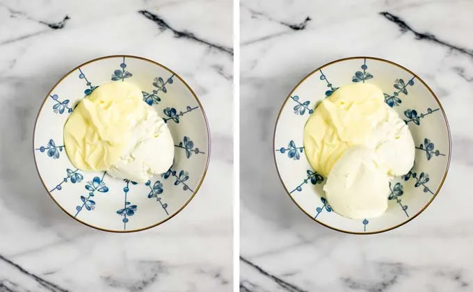 Showing side-by-side how vegan mayo and cream cheese are mixed in a small bowl.