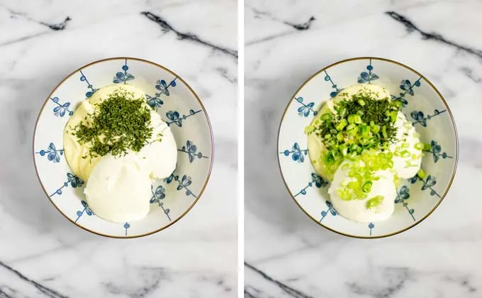 Showing how herbs and fresh scallions are mixed with the dip.