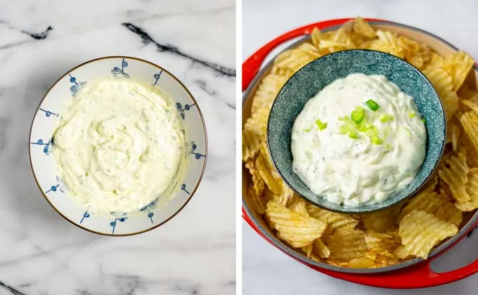 The finished Potato Chip Dip in a white bowl, and served with potato chips in a plate.