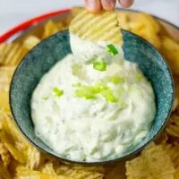 A potato chip is dipped into the dip.