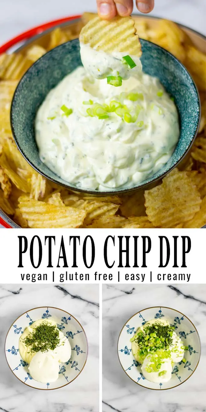 Collage of two pictures of the Potato Chip Dip with recipe title text.