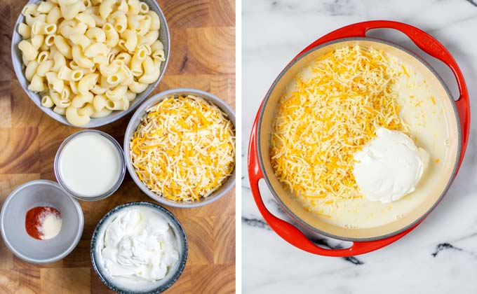 Ingredients for the Southern Mac and Cheese assembled on a wooden board.