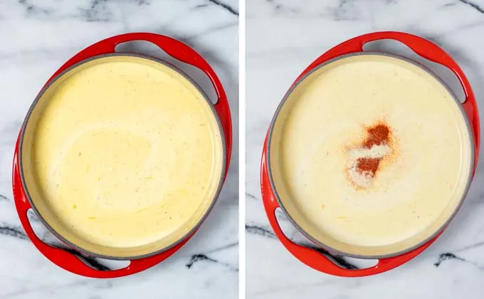 Side by side view of a large casserole dish, in which vegan cheeses are melted in a bit of plant based milk.