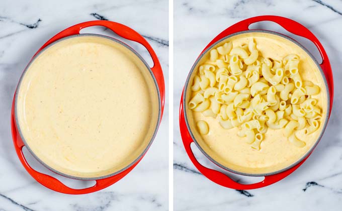 Showing how pre-cooked pasta is added to the cheesy sauce.