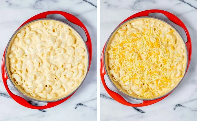 Southern Mac and Cheese in a casserole dish is sprinkled with more vegan cheese for baking.