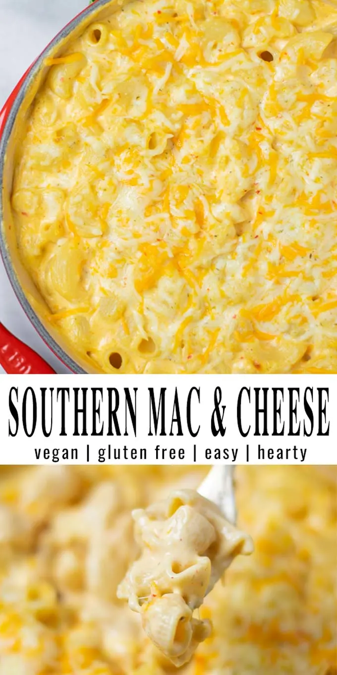 Collage of two pictures of the Southern Mac and Cheese with recipe title text.