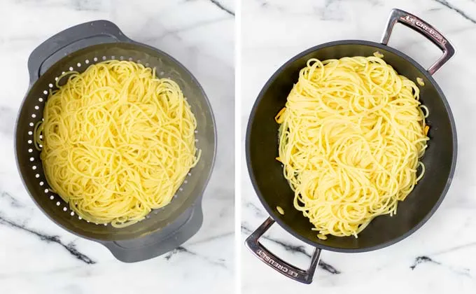 Showing how the drained spaghetti are added to the pan with the garlic.