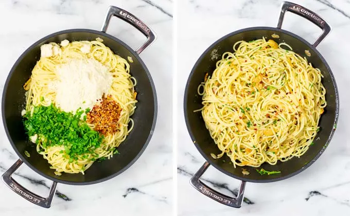 Side by side view with adding Parmesan, chili flakes, fresh herbs given to the pasta, before and after mixing.