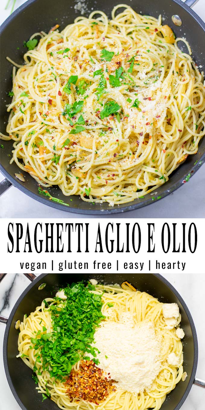 Collage of two pictures of the Spaghetti aglio e olio with recipe title text.