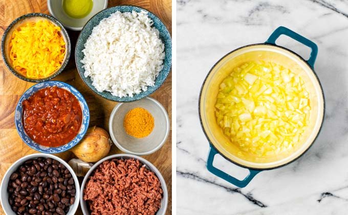 Ingredients for the Taco Rice are assembled in small bowls on a wooden board.