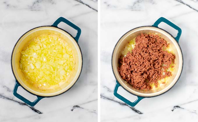 Side by side view of a saucepan with pre-fried onions, and vegan ground beef added.