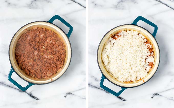 Showing how the fried vegan ground beef is mixed with pre-cooked rice in a pot.