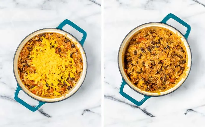 Showing the final step: combining shredded vegan cheddar with the Taco Rice. 