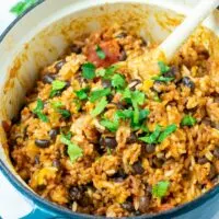 View of the Taco Rice with a wooden spoon and some fresh herbs sprinkled over it.