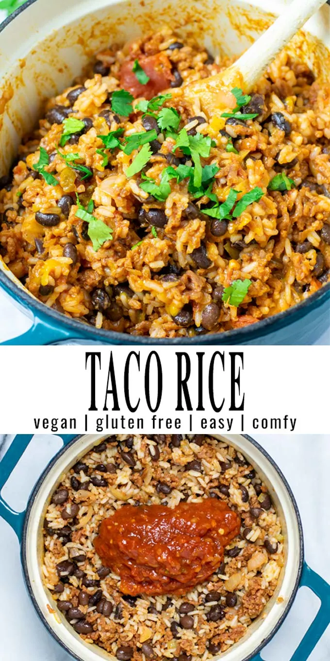 Collage of two pictures of the Taco Rice with recipe title text.