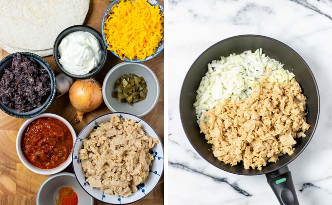 Ingredients for the Chimichanga recipe assembled on a wooden board.