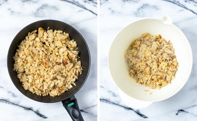 Showing side-by-side how shredded vegan chicken and onions are first prefried and then transferred to a large mixing bowl.